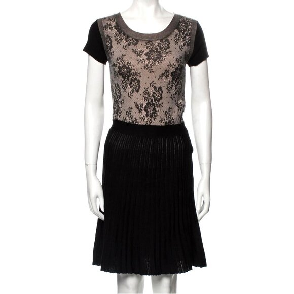 VALENTINO ROMA SZ S Womens Dress‎ Wool Knit Lace Neutral Black Short Sleeves - Picture 1 of 9